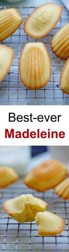 some cookies are cooling on a rack with the words best - ever madeliene