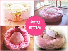 four pictures of different types of dog beds with the words sewing pattern on top and bottom