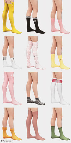 many pairs of women's socks with different colors and designs on the legs, all in