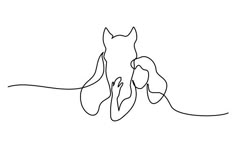 a line drawing of a dog laying down on the ground with his head in its mouth