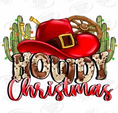 a cowboy hat and cactus with the words happy christmas written in red on a white background