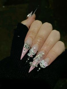 Black Nails With Hello Kitty, Black Pink Nails Acrylic, Hello Kitty Nails Stiletto, Black And Pink Hello Kitty Nails, Hello Kitty Stiletto Nails, Dark Hello Kitty Nails, Hello Kitty Nails Black, Black And Pink Nails Acrylic, Nails Acrylic Hello Kitty