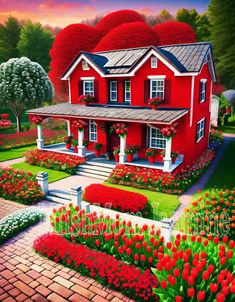 a painting of a red house surrounded by flowers