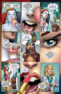 a comic strip with an image of a woman's face and mouth in the background