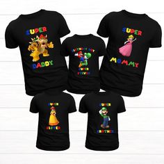 💖 WELCOME TO MY STORE 💖 Custom t-shirts for all occasions, we can translate all your ideas into t-shirts for birthdays, holidays and family trips. PLEASE READ  Personalized Super Mario theme birthday shirts for the family. You may choose any name you would like to be displayed on the shirt Examples: Mom, Daddy, Sis, Grandma, Paw Paw, Bonus Mom, Auntie, Glam Ma, Etc Choose your color and size: Check out our color availability photos to choose the perfect shade for your shirt. Please refer to the size chart to ensure correct fit. There are no refunds or product exchanges in cases not related to defects in product manufacturing or shipping errors. Please make sure you choose the correct size and color before making payment. Thank you for visiting our store and happy shopping! If you have an Black Tops With Graphic Print For Family Events, Funny Black Tops For Birthday, Multicolor Family Matching Tops For Birthday, Family Matching Multicolor Tops For Birthday, Fun Character Print T-shirt For Father's Day, Customizable Multicolor Family Matching Tops, Fun Character Print Tops For Family Events, Fun Graphic Print Tops For Family Events, Family Matching Shirt With Character Print For Birthday