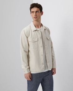 The Garment Dyed Twill Overshirt comes in a minimal, straight-fitting silhouette detailed with a spread collar, buttoned flap pockets, a shirttail hem and a back yoke with a box pleat. The Garment Dyed Twill Overshirt is styled with the Chad Linen Tee and the Stretch Canvas Traveler Pant. Everyday Unstructured Shirt With Buttoned Pockets, Unstructured Shirt With Buttoned Pockets For Everyday, Relaxed Fit Shirt With Buttoned Pockets And Spread Collar, Everyday Shirt With Lapel Collar And Buttoned Pockets, Everyday Shirt With Buttoned Pockets And Lapel Collar, Unstructured Shirt With Spread Collar And Patch Pockets, Everyday Shirt With Buttoned Pockets And Spread Collar, Relaxed Fit Shirt With Flap Pockets And Spread Collar, Classic Shacket With Spread Collar