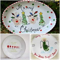 three pictures of christmas plates with hand painted designs on them and the words merry christmas written in different languages