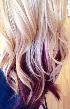 Cherry Blonde Long Blonde Hair With Peekaboos, Blonde On Top Burgundy Underneath, Trendy Fall Hair Color For Blondes, Blonde Hair Red Lowlights, Highlights Peekaboo, Hair Ombre Blonde, Purple Blonde, Haircolor Ideas, Peekaboo Color