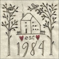 the embroidered design shows two trees with birds on them and a house in the background