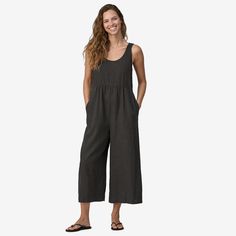 A cool-wearing jumpsuit for hot, humid conditions made of durable, breathable 55% hemp/45% TENCEL™ lyocell plain-weave fabric. Made in a Fair Trade Certified™ factory. | Patagonia Women's Garden Island Lightweight Jumpsuit in Ink Black, Medium - Outdoor Clothing - Hemp/Tencel Lyocell Linen Jumpsuit For The Beach, Casual Linen Jumpsuits And Rompers For Loungewear, Garden Island, Boho Queen, Fashionably Late, Patagonia Pants, Knee Replacement, Cute Pants, Weave Fabric