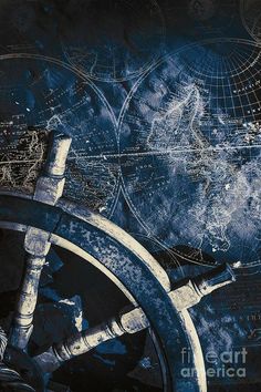 the steering wheel and spokes of a ship on an abstract background with blue hues