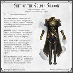 an image of a character from the video game suit of the golden shadow, with text describing