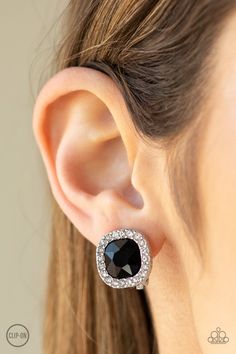 A border of glassy white rhinestones spins around a black gem center for a refined flair. Earring attaches to a standard clip-on fitting. Sold as one pair of clip-on earrings. Black Gems, Faceted Gems, Silver Frames, Whimsical Fashion, Paparazzi Accessories, White Rhinestone, Stretchy Bracelets, Pink Beads, Affordable Jewelry