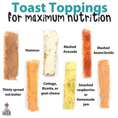 four different types of toast toppings on a white background with the words toast toppings for maximum nutrition