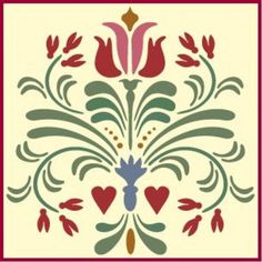 a red and green floral design with hearts in the center on a cream background,