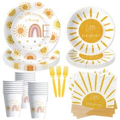 a set of yellow and white dinnerware with the words little sunshine on it