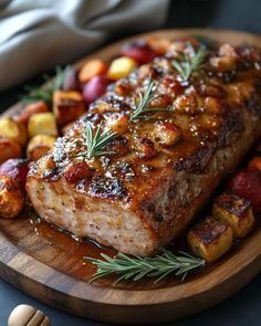 meat and potatoes on a wooden platter with rosemary sprig garnish