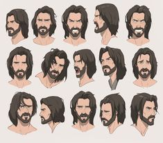 an animation character's hair and beards are shown in various positions, including the head