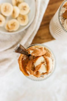 two bowls filled with bananas and peanut butter