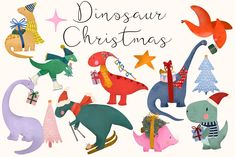 an image of dinosaur christmas card with presents on it's back and the words dinosaur christmas written in large letters