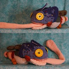 two pictures of a crocheted stuffed animal with buttons on it's head