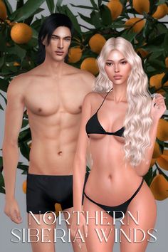 two people in swimsuits standing next to each other with orange trees behind them