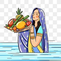 a woman holding a tray with fruits and vegetables on it, while standing in the water