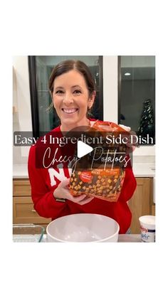 a woman holding a bag of food in front of her face with the text easy 4 ingredient side dish