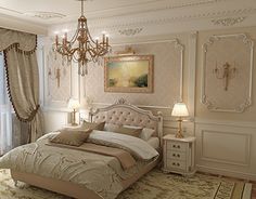 an elegant bedroom with chandelier, bed and curtains in beige colors on the windowsill