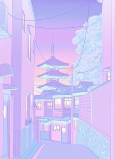 an image of a pink and blue cityscape with pagodas in the background