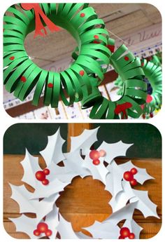 paper christmas wreaths with holly leaves and red berries