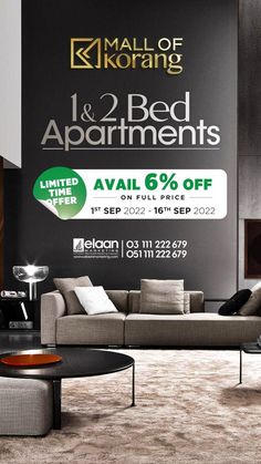 a living room filled with furniture next to a large black and white sign that says 1 & 2 bed apartments