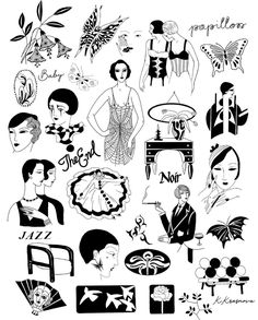 black and white drawings of women in art deco