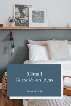 a bed with pillows and blankets on top of it in front of a shelf that says 8 small guest room ideas