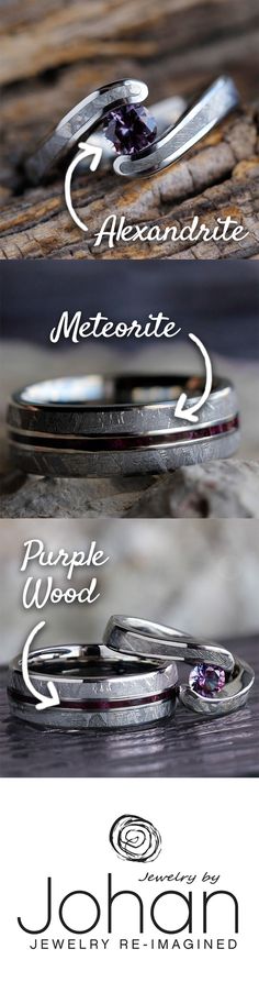 three different types of wedding rings with names on them