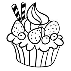 a cupcake with frosting and candy canes on top is shown in black and white