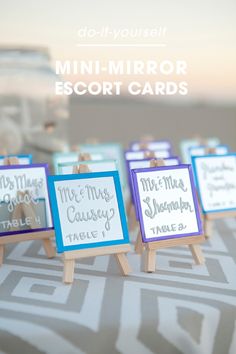 How to make the most darling mini-mirror and easel escort card display! Crafty Wedding Ideas, Diy Place Cards, Place Card Table Wedding, Mini Mirror, Wedding Chalkboard Signs, Card Table Wedding, Place Card Template, Card Display, Wedding Reception Inspiration