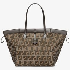 Fendi Origami Large - Brown FF jacquard fabric bag that can be transformed | Fendi Large Origami, Origami Tote Bag, Origami Logo, Case Charm, Origami Bag, Key Case, Fabric Bag, Dark Brown Leather, Leather Handles