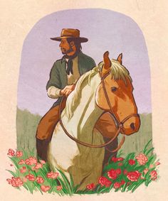 a man riding on the back of a brown and white horse next to red flowers