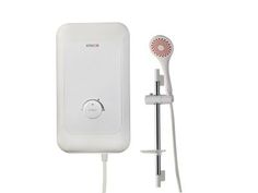 an electric shower head with thermostaer and hand held showerhead in front of it