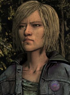 the walking dead game character with blonde hair and blue jacket in front of some trees