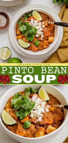 This Pinto Bean Soup is an easy vegetable soup for dinner that uses canned beans and potato for a creamy texture. This vegan soup is a great addition to your best soup ideas! Mexican Pinto Bean Soup, Vegetarian Bean Recipes, Comfort Food Ideas