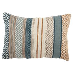 a multicolored striped pillow on a white background