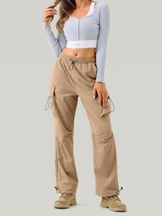 Cargo Pants Women Baggy Wide Leg Pants Y2K Drawstring Elastic Waist Parachute Pants Outdoor Travel Casual Hiking With 4 Pockets Khaki    Woven Fabric Plain Cargo Slight Stretch  Women Outdoor Apparel, size features are:Bust: ,Length: ,Sleeve Length: Cargo Pants Women Baggy, Pants Y2k, Cargo Pants Women, Pants Women, Outdoor Woman, Outdoor Apparel, Outdoor Travel, Sport Shorts, Casual Jeans