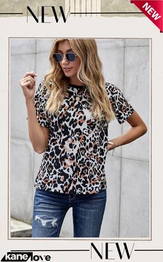 Short Sleeve Leopard Print Top Relaxed Fit Leopard Print Top For Summer, Casual Leopard Print Summer Blouse, Casual Leopard Print Tops For Day Out, Leopard Print Relaxed Fit Top For Spring, Spring Leopard Print Relaxed Fit Top, Leopard Print Short Sleeve Top For Day Out, Casual Leopard Print Tops For Summer, Casual Leopard Print Spring Tops, Summer Crew Neck Leopard Print Tops