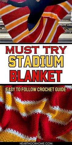 a woman in black shirt and red striped blanket with text overlay reading must try stadium blanket easy to follow crochet guide