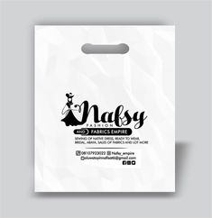 a white shopping bag with the name nafsy on it and a black logo