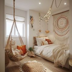 a bedroom with a hammock hanging from the ceiling and pillows on the floor