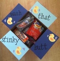 two boxes with different items in them on a wooden table and the words wash, that stinky, but