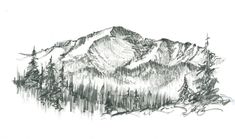 a pencil drawing of a mountain with trees